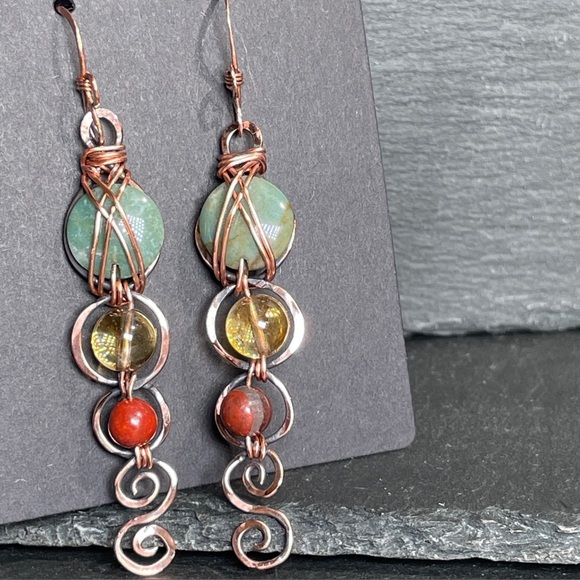 Handcrafted Hammered Copper With Agate and Citrine Gemtone Earrings - Picture 11 of 13